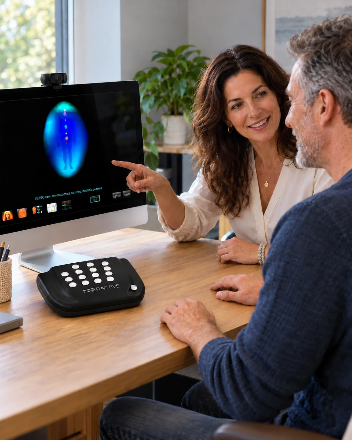 Operator and participant discussing the AVS display at a desktop aura system